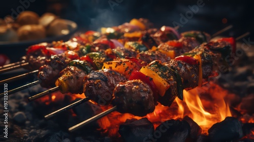 Close-up of shish kebab on skewers on the grill