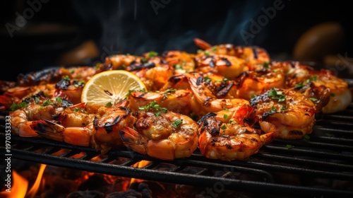 Grilled shrimps with lemon and herbs on a barbecue grill