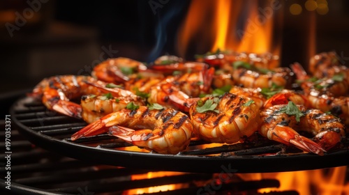 Grilled tiger prawns on barbecue grill, closeup view