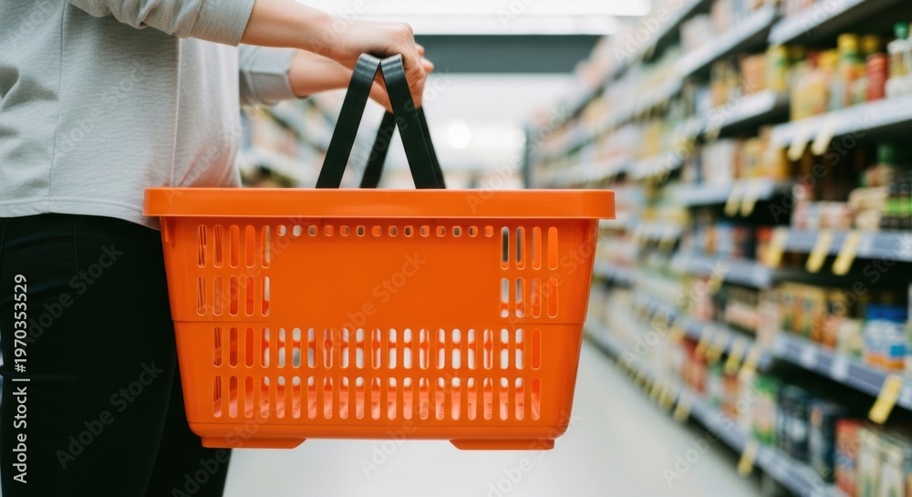 Fototapeta premium Person holding an orange shopping basket in a supermarket aisle.