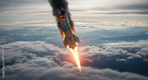 Rocket Launching into Space Through Clouds with Fiery Exhaust.