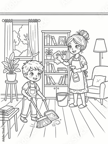 Coloring page of mother and son cleaning living room together with a mother