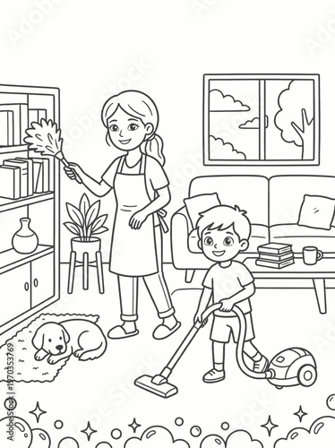 Coloring page of family cleaning living room with vacuum and duster, line art