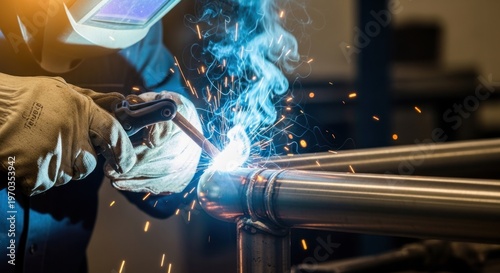 Skilled Welder in Protective Gear Performing Arc Welding on Metal Pipes.