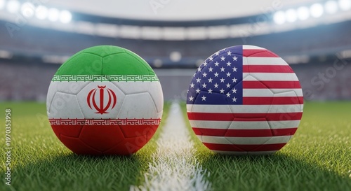 Soccer balls with Iran and USA flags on a stadium field.