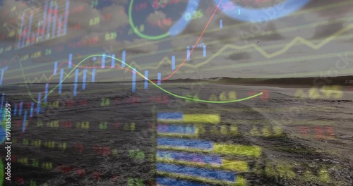 Animating financial data graphs and charts over ocean landscape for presentation