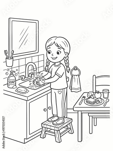 Coloring page girl washing her hands at the sink with vector