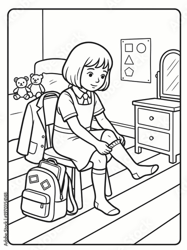 Coloring page girl putting on socks and getting ready for school vector