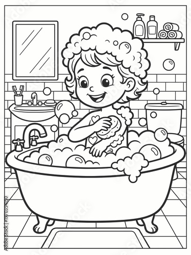 Coloring page girl taking a bubble bath with sponge vector, a happy vector