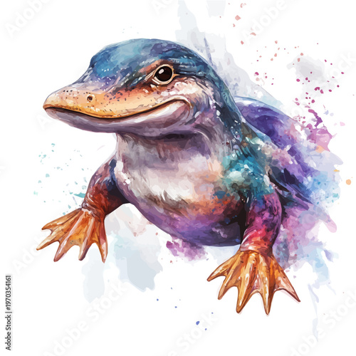 Platypus, fantasy-inspired semi-realistic illustration, soft glowing accents, watercolor style, isolated on white