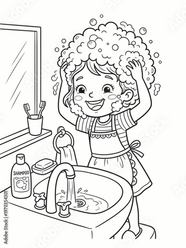 Coloring page girl washing hair with lots of shampoo bubbles vector