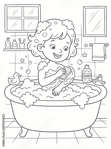 Coloring page child enjoying a bubbly bath with soap and rubber duck, kid