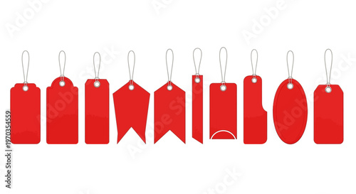 Collection of blank red price tags with string, various shapes and sizes, for sale, discount, or product labeling, isolated on white background, vector illustration set