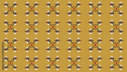 Seamless pattern, abstract floral geometric design with stylized orange-brown-green motifs in a repeating grid on warm mustard yellow. Decorative vector illustration, rustic modern
