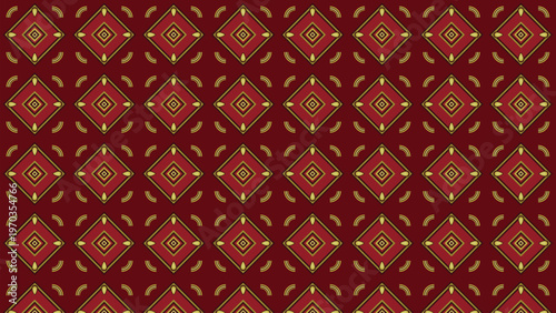 Seamless pattern of elegant red and gold geometric diamonds, an abstract traditional ethnic design with repeating decorative texture. Ideal for luxurious fabric, wallpaper, festive wrapping