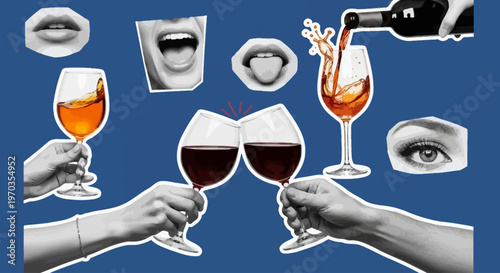Collage art of wine experience hands toasting, bottle pouring, and human senses like lips, tongue, eye for a complete tasting celebration