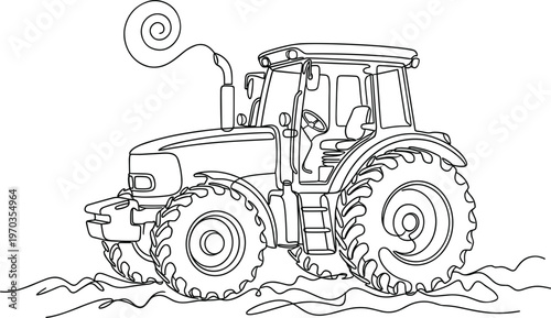 Farm tractor continuous line art vector illustration featuring agricultural machinery for plowing and harvesting in field landscape,