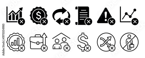 Black glyph icons with a cross mark symbolizing business failure, financial crisis, economic recession, job loss, and project cancellation in a minimalist vector illustration set