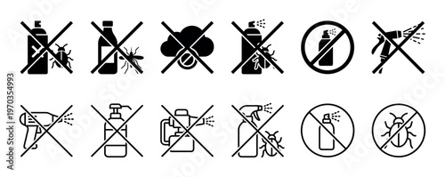 Set of black prohibition icons and warning signs depicting no insecticide or aerosol spray use, featuring various crossed-out bottles, dispensers, and insects in a simple vector style