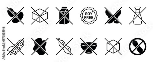 Collection of black and white soy-free icons for food packaging and labeling, showing various crossed-out soy products like beans, milk, tofu, and edamame in a minimalist graphic style