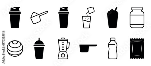 Set of black fitness and nutrition icons including a protein shaker, scoop, blender, and supplement jar for a healthy lifestyle, presented in a minimalist vector graphic style