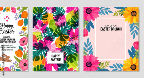 Bright and colorful Easter floral design template for invitations, cards, or social media posts celebrating spring