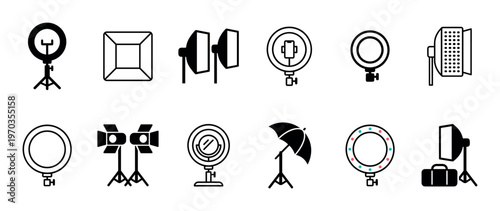 Professional photography and video lighting equipment icons in a simple black line art and silhouette style, featuring ring lights, softboxes, strobes, and umbrellas on tripods