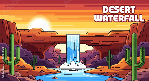 Pixel art illustration of a desert landscape featuring a waterfall cascading into a river, with cacti and rock formations under a vibrant sunset sky