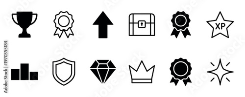 Set of twelve black gamification icons representing achievement, reward, and success, with symbols like a trophy, medal, crown, diamond, and shield