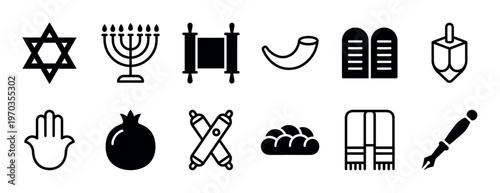 Collection of black Jewish religious symbols and icons including the Star of David, Menorah, Torah, and Shofar, presented in a minimalist glyph style for cultural concepts