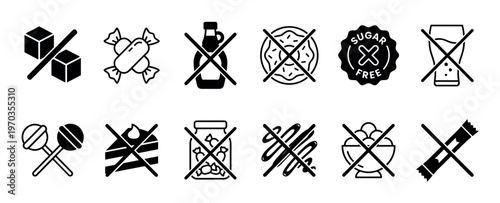 Sugar free icon set with crossed out sweets, desserts, and sugary drinks for a healthy diet and no sugar lifestyle concept, presented in a simple black and white vector style