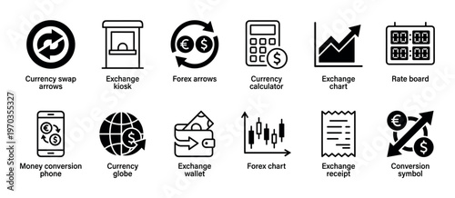 Black currency exchange and finance icon set featuring glyphs for forex, conversion, rate board, wallet, and calculator in a minimalist vector style for graphic design