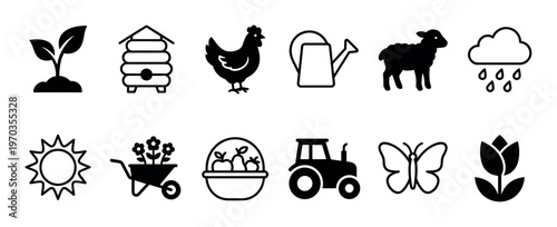 Set of twelve black farming and gardening icons featuring a sprout, beehive, chicken, sheep, tractor, and sun, presented as a simple glyph and silhouette collection