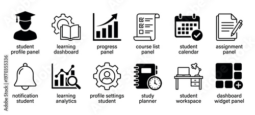 Black vector icon set for e-learning applications, featuring student profile, learning dashboard, progress chart, course list, calendar, and study planner pictograms