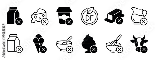 Dairy free and lactose intolerance icon set with black glyph and line art symbols for milk, cheese, and butter, representing food allergy and dietary restriction labels