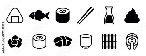 Set of black Japanese food icons featuring sushi, onigiri, salmon, chopsticks, wasabi, and soy sauce in a minimalist glyph, silhouette, and line art vector style collection