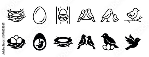 Black bird nest and egg icon set showing family life, love, and new beginnings in a minimalist line art and silhouette style collection for nature and spring themes