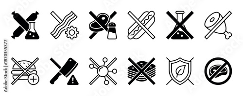 Set of black food warning and restriction icons for concepts like no processed meat, additives, preservatives, and chemicals in a clean glyph style