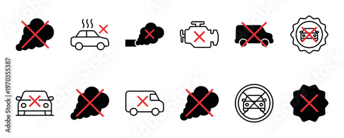 Set of no idling icons shows car emission prohibition signs with crossed-out engines, exhaust fumes, and vehicles to promote turning off the engine for better air quality