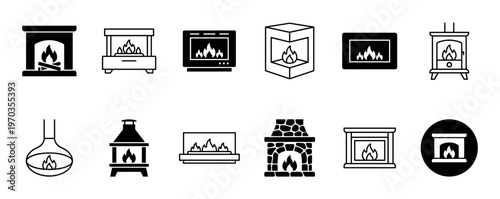 Collection of black fireplace and stove icons in various styles, including modern, classic, and rustic designs, presented as simple glyph and line art vector illustrations for home heating concepts