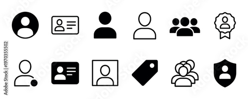 Collection of black user profile icons for web and application design, including symbols for identity, group, security, and membership in a clean minimalist vector style