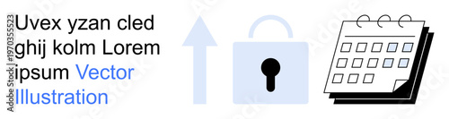 Cybersecurity, data protection, scheduling, planning, privacy, encryption. Visual elements include a lock, upward arrow and calendar. Cybersecurity and data protection illustrated clearly