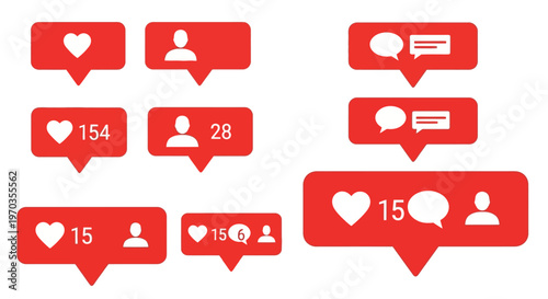 Vibrant red notification icons displaying social media likes, comments, and follower activity for digital communication analysis