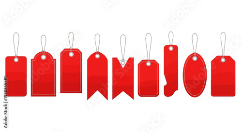 Set of various red tags and labels on a white background, perfect for product pricing and promotional activities