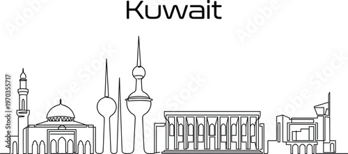 Kuwait city skyline continuous line art vector illustration featuring Kuwait Towers and famous landmarks in minimalist drawing style,