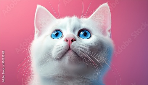 close up of a white cat with blue eyes and a pink nose looking upwards against a pink background