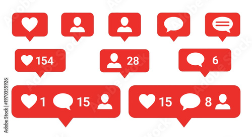 Foto Social media notification icons with hearts, user profiles, and speech bubbles,