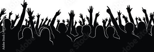 Crowd silhouette background, cheering people raising hands at concert or festival, energetic audience scene for music event and celebration design
