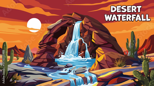 Vibrant desert waterfall cartoon illustration. Blue water flows over rugged rocks. Saguaro cacti and distant mountains under a colorful sunset sky
