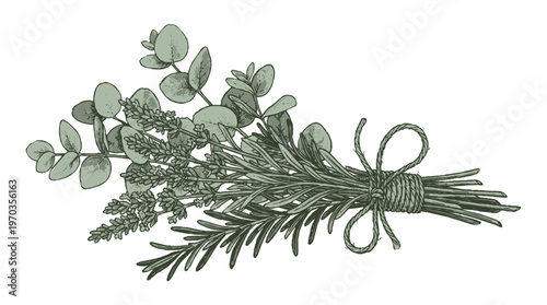 Tied bundle of eucalyptus and pine leaves with twine on white background for decoration or aromatherapy
